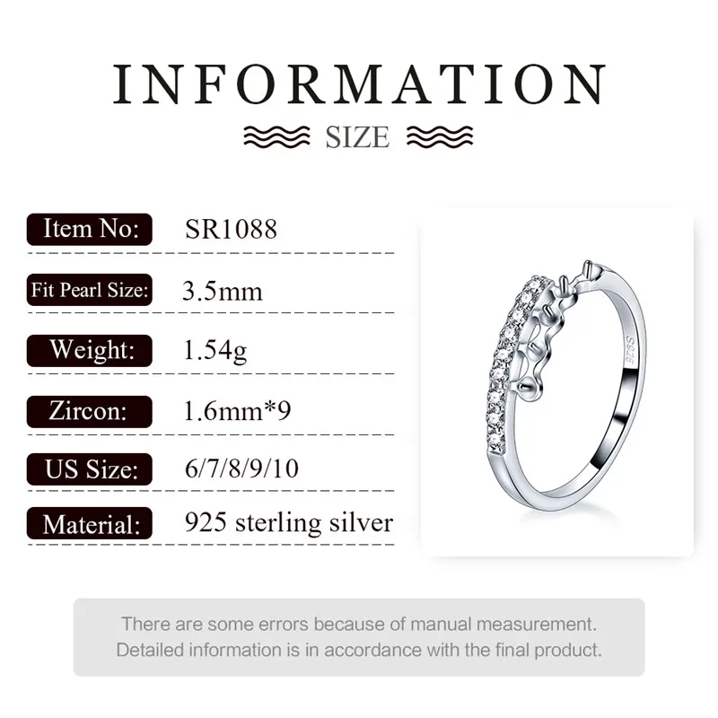 CLUCI Classic Silver 925 Women Pearl Ring Mounting Classic Ring Jewelry for Wedding Sterling Silver Simple Ring Jewelry SR1088SB
