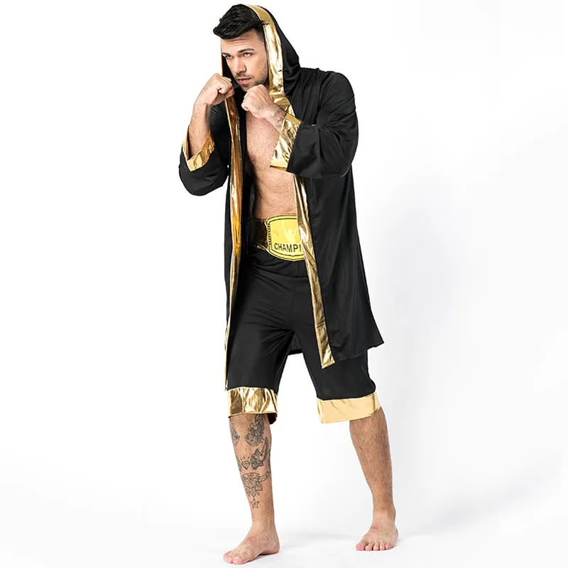 Uomo adulto nero boxe Robe Costume Boxer boxe Match Rocky Balboa Outfit Halloween Fancy Dress