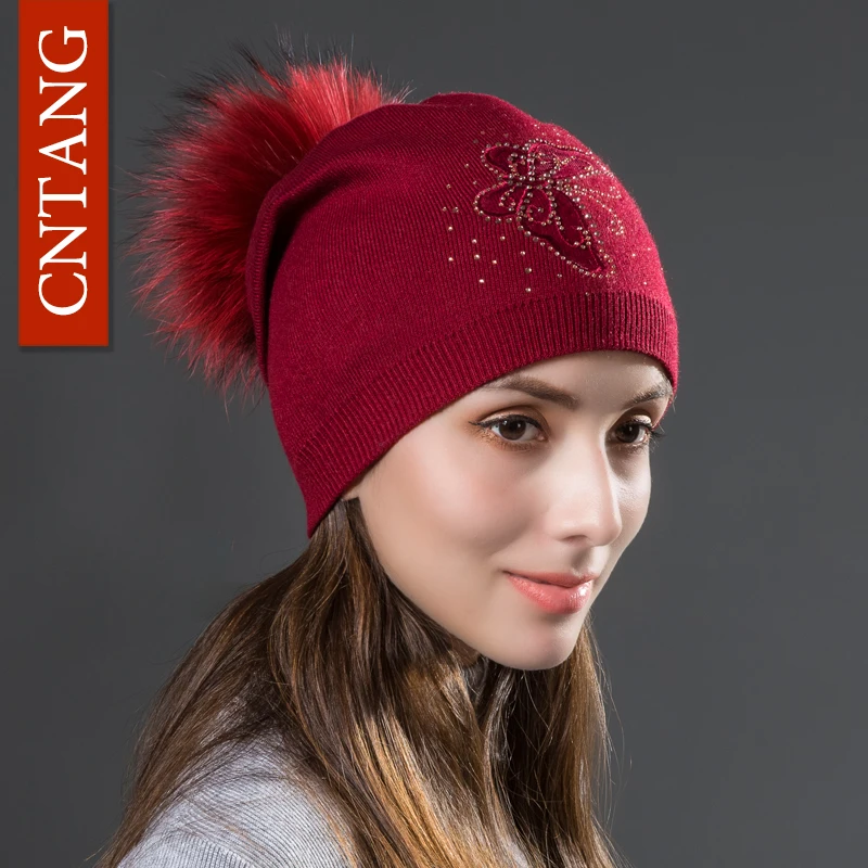 CNTANG moda strass farfalla berretti di lana lavorati a maglia autunno inverno cappelli da donna caldi per cappello di berretti Pompon di pelliccia
