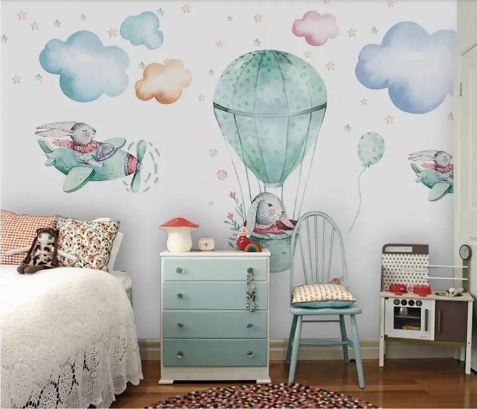 Nordic modern contracted hand-painted plane rabbit children room background wall decoration wallpaper murals