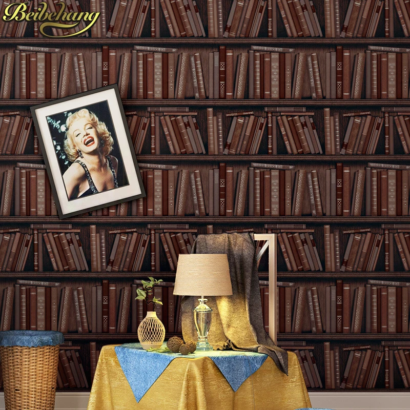 

beibehang papel de parede 3D American country vintage brown bookshelf wallpaper for walls 3d living room bedroom wall paper roll