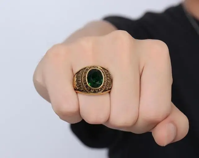Plated Gold stainless steel Ring Band Large Green zircon Stone 8-12# Unisex Men army Gifts Hip-Hop