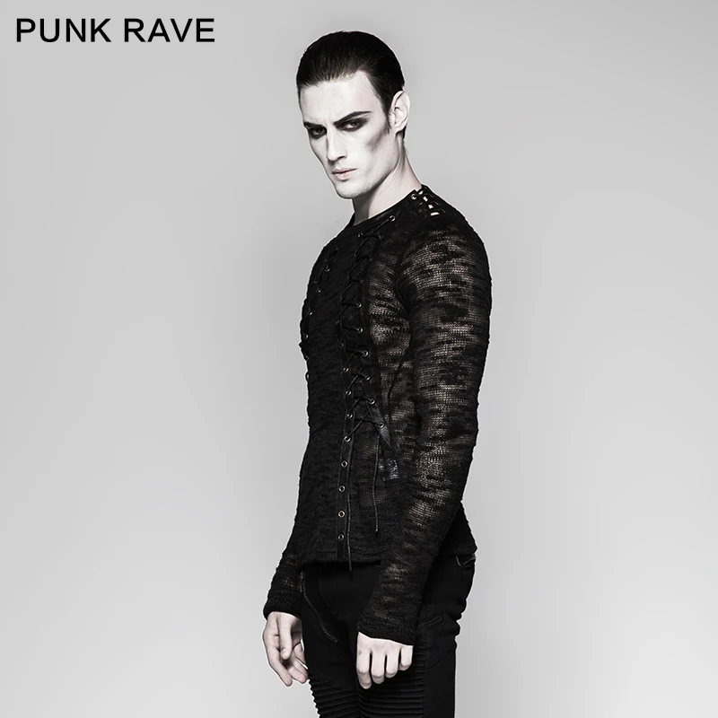 Punk Rave Men\'s Sexy Hollow-out Strappy Sweater Top Shirt Black Banaged Rock performace Top T474