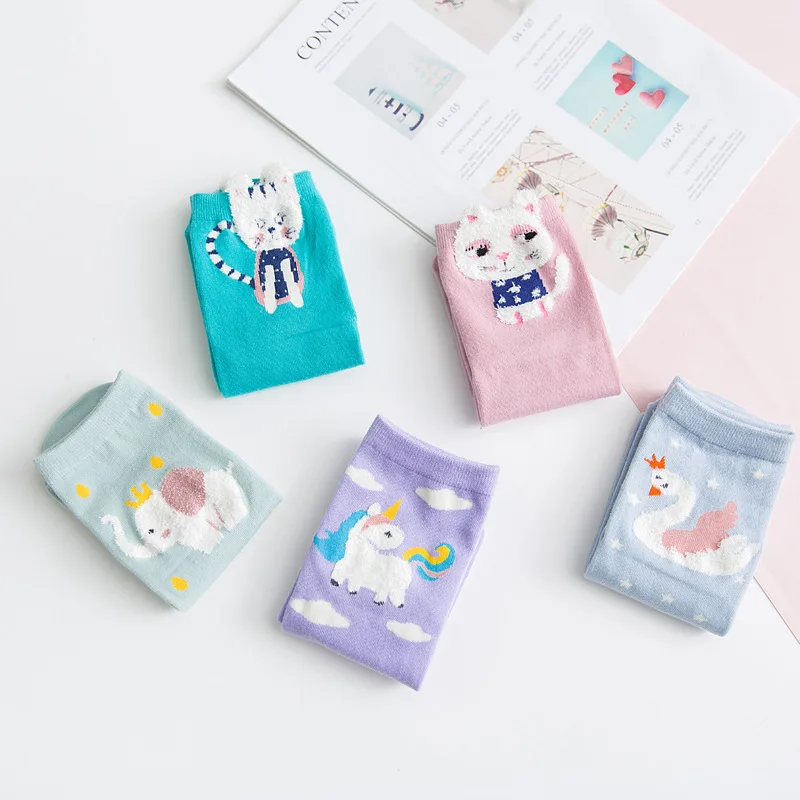 3D Cartoon Cat Goose Horse Tiger Elephant Pattern Cute Women Candy Color Ventilation Cotton funny Socks harajuku kawaii