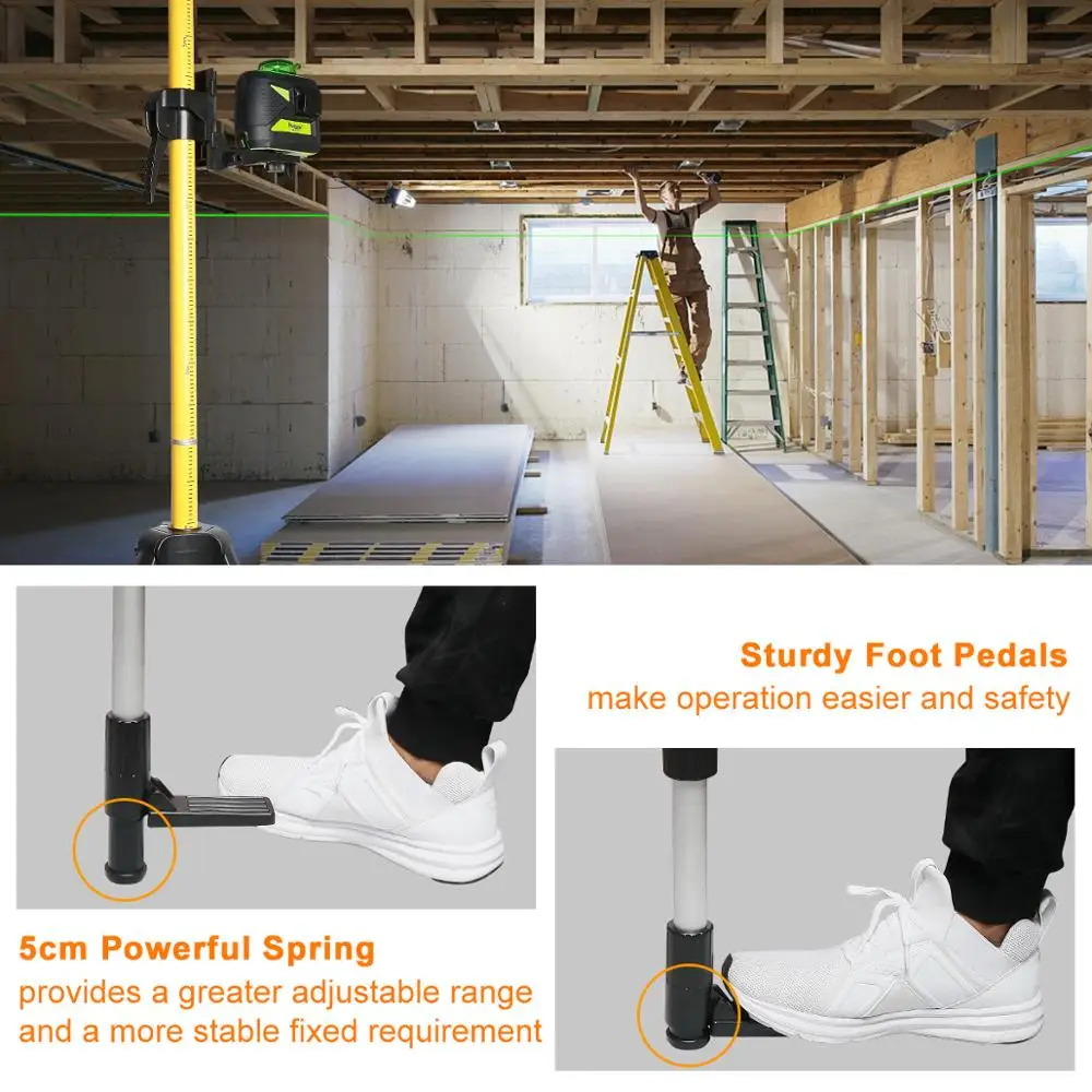 Huepar 12 Ft./3.7m Adjustable Telescoping Pole with 1/4-20 Laser Mount for Rotary and Line Lasers with Tripod 5/8 Adapter