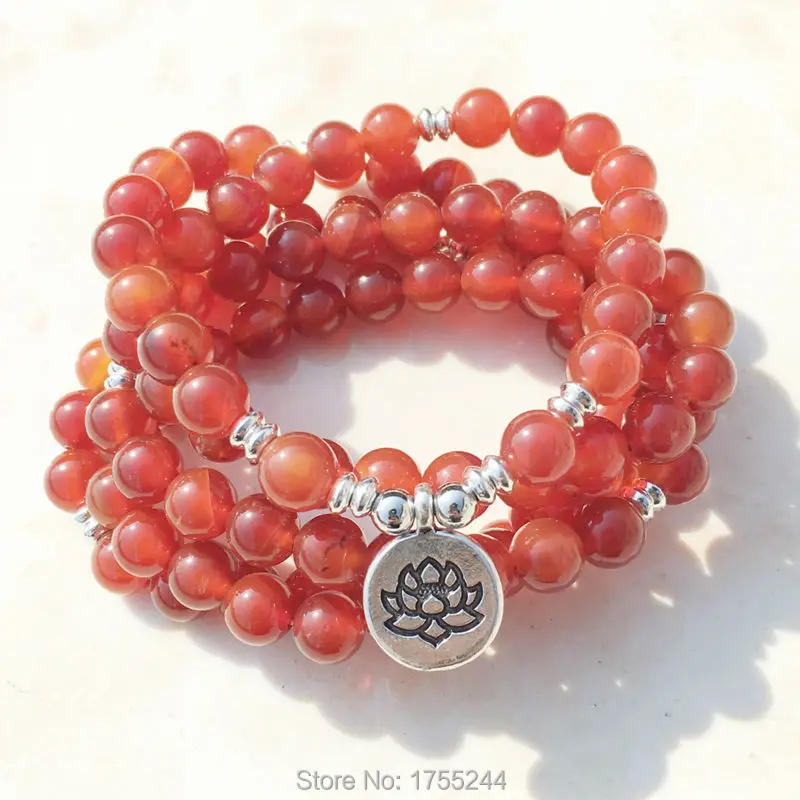 SN1145 Handmade Women`s 8 mm Carnelian 108 Mala Beads Bracelet or Necklace Silver Plated Lotus Buddha Charm Bracelet Wholesale
