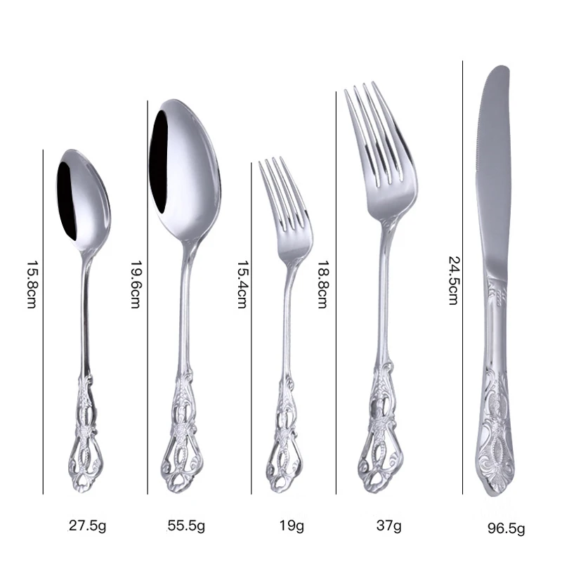 

20PCS Stainless Steel Gold Silver Carved Embossed Cutlery Vintage Western Wedding Party Metal Tableware Set