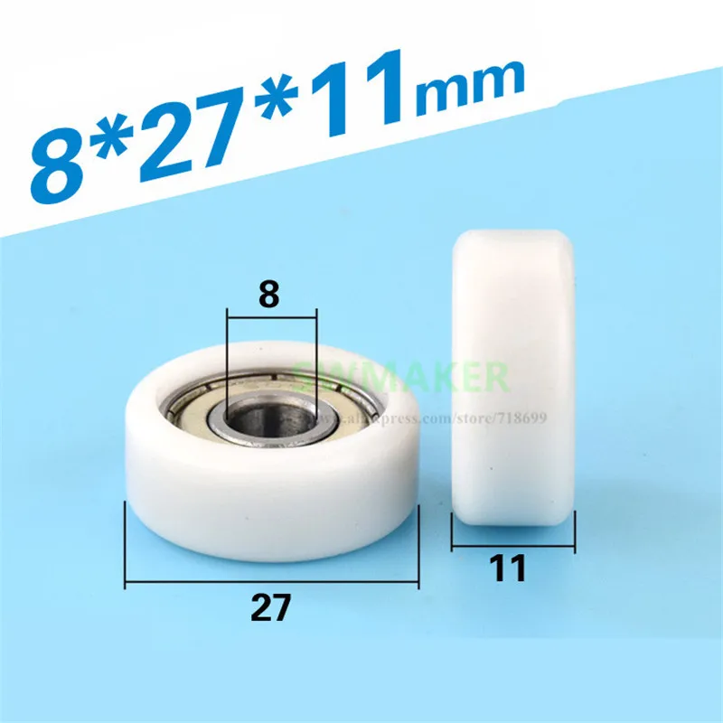 SWMAKER 1pcs 8*27*11mm flat wheel, 608ZZ plastic bearing pulley, POM engineering plastic nylon roller for drawer showcase