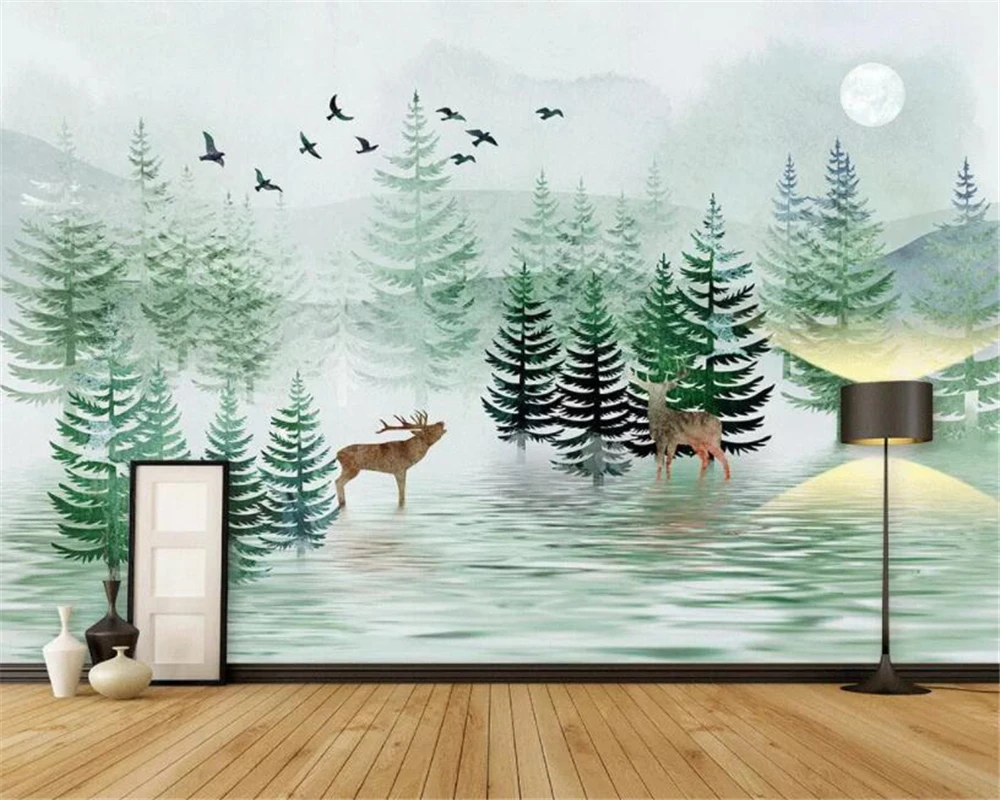 Custom children's wall 3d wallpaper Hand painted landscape Abstract watercolor tree fawn sofa TV background wallpaper