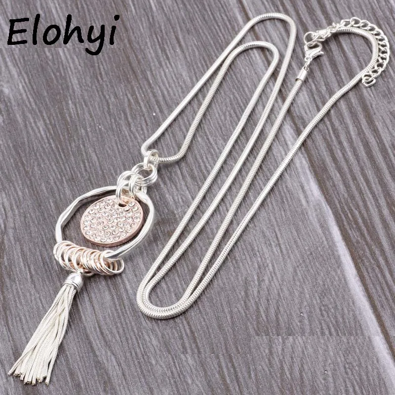 ELOYHI Women Round Tassel Rhinestone Statment Pendants Long Chain Necklace Sweater Chain For Women Trendy Necklace&Pendants Gift