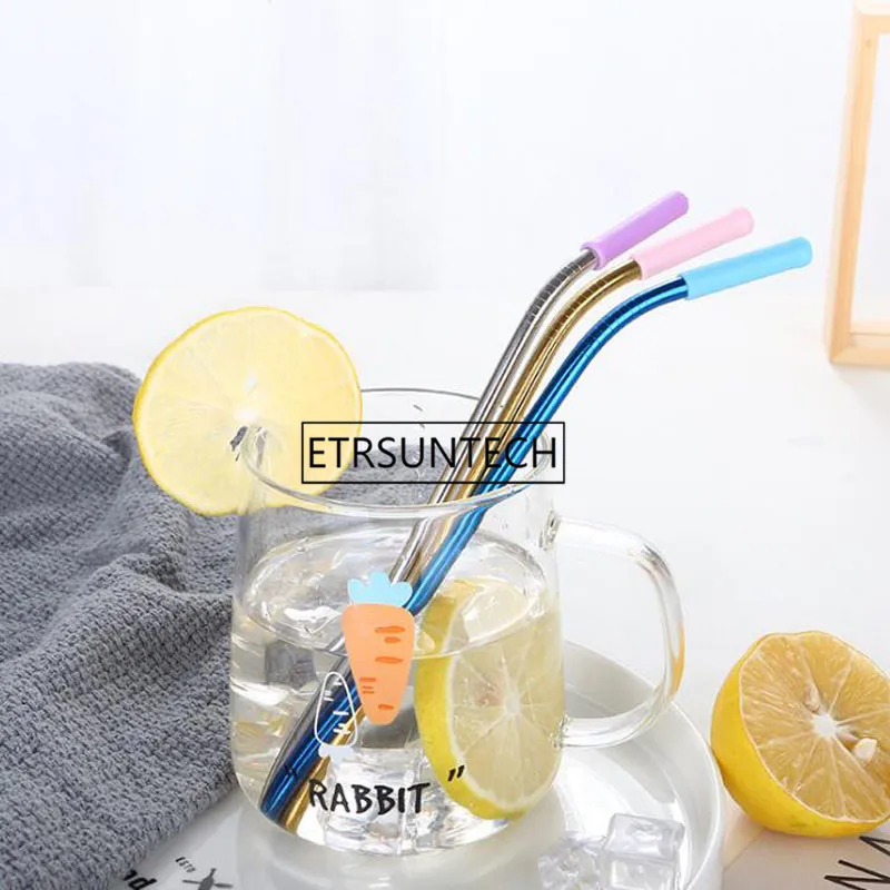 215X6mm Stainless Steel Colorful Straight&Bend Drinking Straw With Silicone Tips Reusable Metal Straws Bar Accessories 100pcs