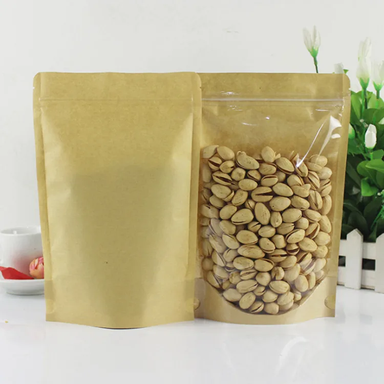 Stand up One Side Clear Kraft Paper Zip Lock Bags High Clear Plastic Window Resealable Snack Capsule Coffee Spices Gifts Pouches