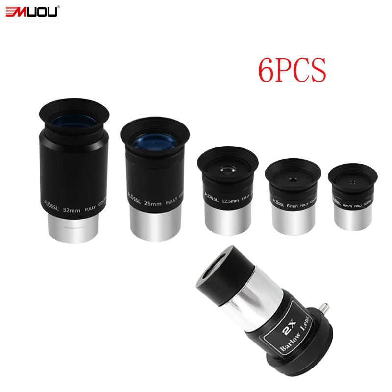 

MUOU 1.25" Plossl Eyepiece Kit 4mm 6.3mm 12.5mm 25mm 32mm Multi Coated+2 x Barlow Lens Astronomy Telescope Accessory