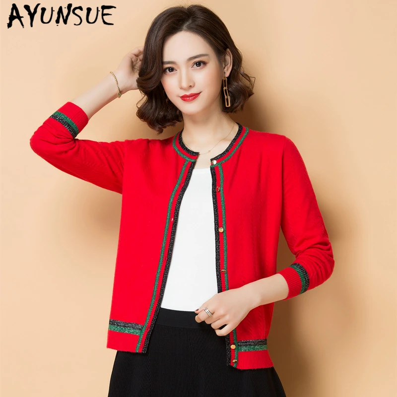 AYUNSUE 2020 New Spring Cashmere Cardigan Short Women's Sweater Elegant Ladies Korean Knitted Red Coat Loose Casual Jacket Women