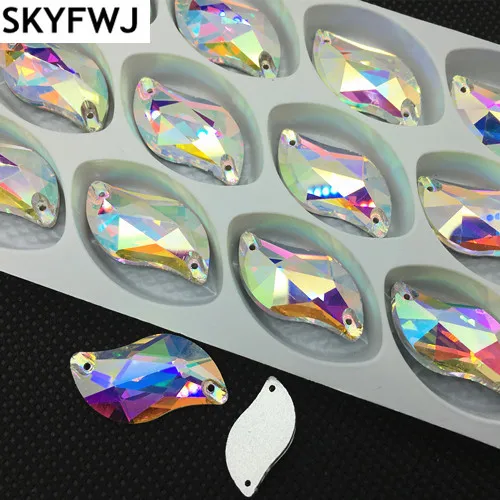 Wholesale All Sizes Glass Crystal Clear AB S Leaf Shape Sew on Rhinestone Flatback 2 holes Silver Base 6x12,10x20,15x30mm