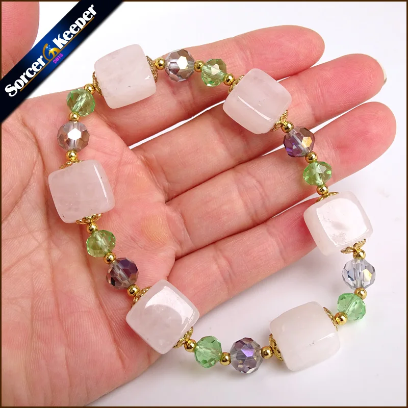 Reiki Natural Pink Quartz Charm SilverColor Bracelets & Bangles for Women With Crystal Beads Stretch Bracelet Femme Jewelry