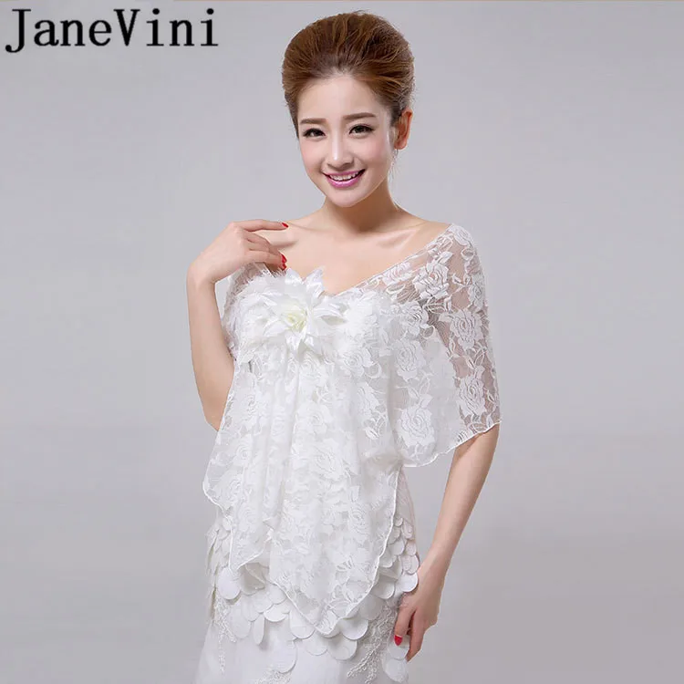 JaneVini White Red Lace Shawl Bridal Coat Flowers Bolero for Wedding Dress Sheer Women Cape Wraps Evenng Party Bolero De Mariage