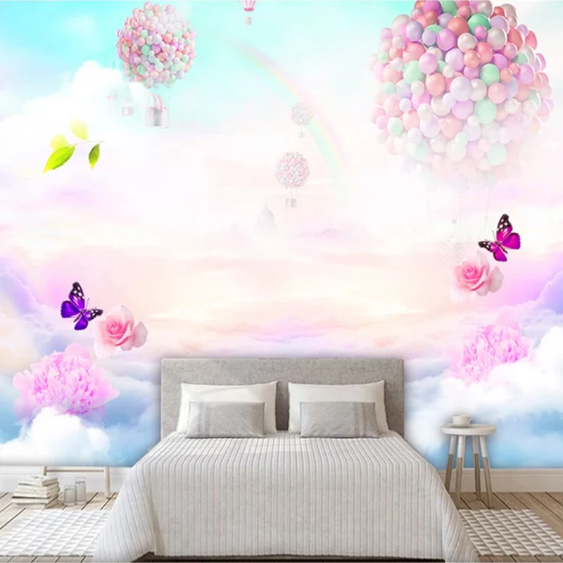 Custom Mural Wallpaper For Kids Room Flower Butterfly Balloon Rainbow Sky Children Bedroom Wall Decoration 3D Photo Wallpaper