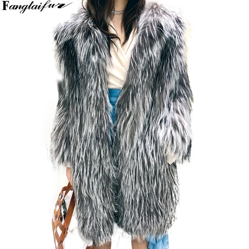 Ftangaiur Winter Women Import Fox Fur Coat Turn-Down Collar Slim Causal Fox Fur Coats Women's Real Medium Fox Fur Coats