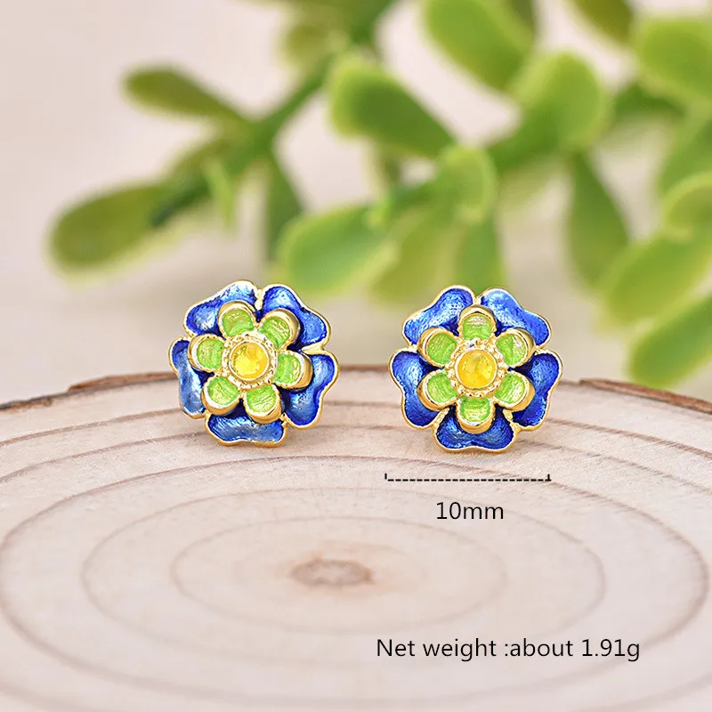 

Buyee 925 Sterling Silver Flower Stud Earring beautiful Enamel Sweet Earring for Women Fashion Ethnic Fine Jewelry Earring