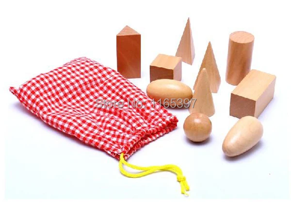 Free ship 1Set of 10pc children Wooden Montessori solid geometry sensorial early development  Educational material mystery bag