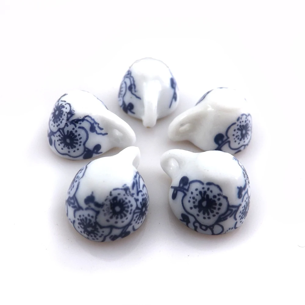 50pcs/lot Blue Flower Printed Antique Chinese Style Teacup Pendants 16x11x9mm Ceramic Charms For DIY