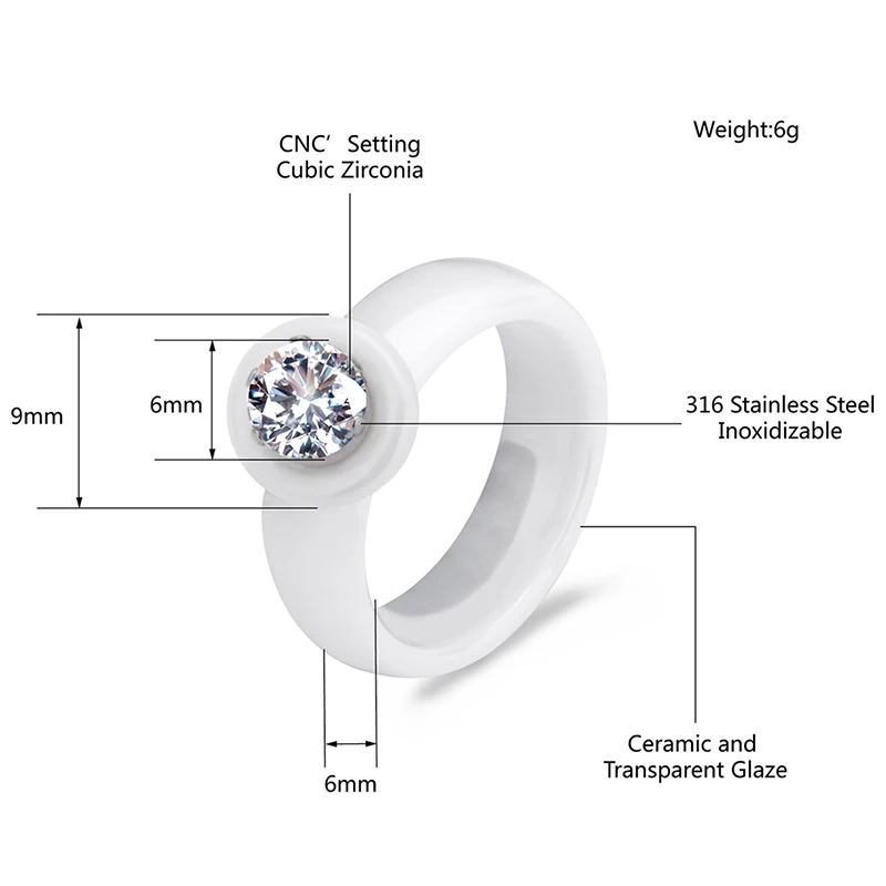 2017 New Brand Design Elegant Luxury Big Crystal Ring Jewelry Silver Plated Black White Ceramic Ring Wedding Bride Accessories