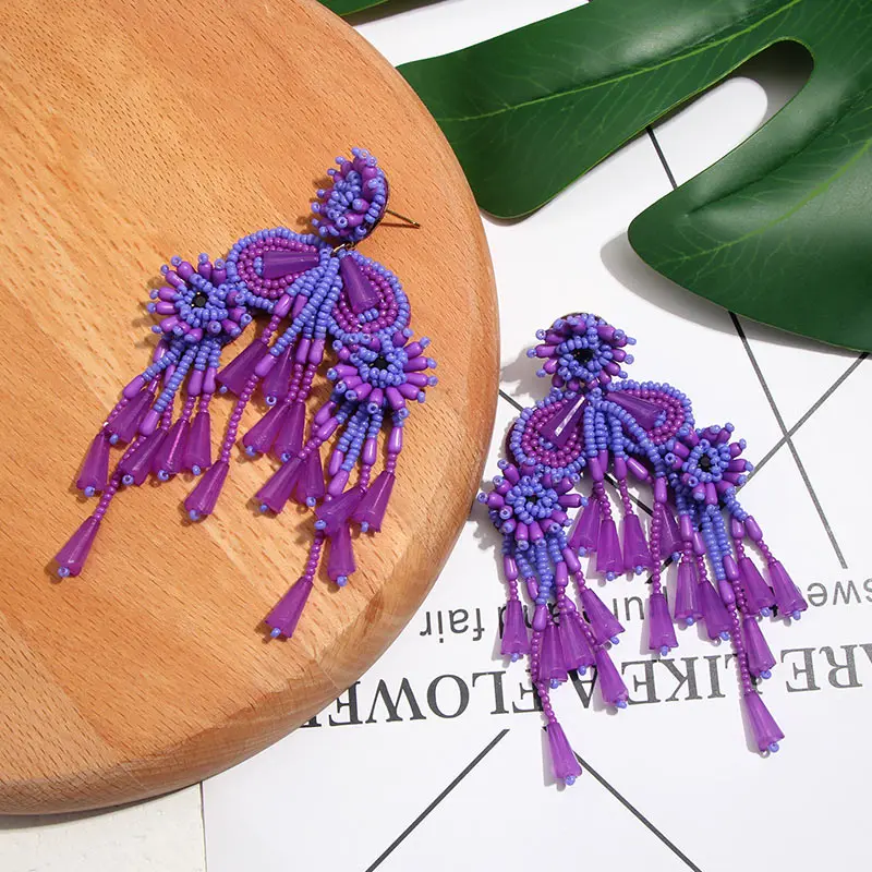 Flatfoosie Handmade Big Tassel Drop Earrings For Women Bohemian Vinatge Colorful Beaded Fringed Statement Dangle Earring Jewelry