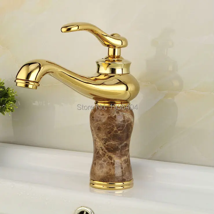 

High Quality Golden Plated Bathroom Marble Stone Basin Taps Deck Mounted Hot and Cold Sink Faucet Crane M1006