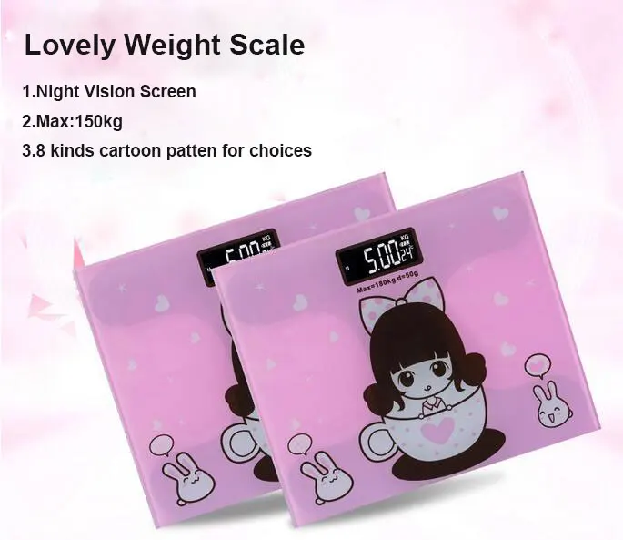 7styles Cartoon Mini Digital Body Scale Portable Body  Health Weight Measuring Electronic Scale with LCD Display 150KG scale S2