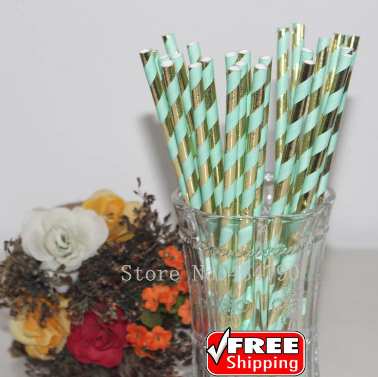 200 Pcs Baby Pink and Foil Gold Striped Paper Straws-Wedding Bridal Baby Shower Holiday Party Metallic Vintage Drinking Straws