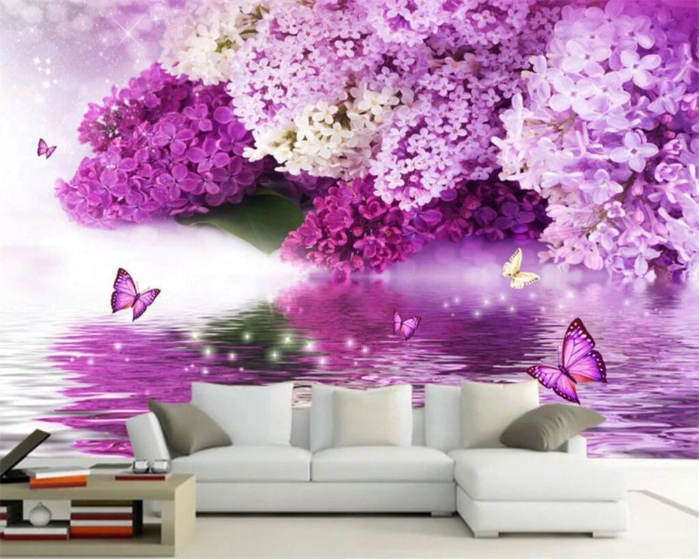 

Custom wallpaper purple flowers reflection butterfly TV background wall murals home decoration living room bedroom 3d wallpaper