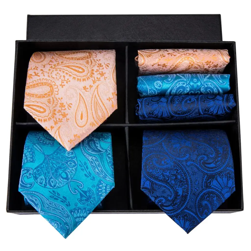 Hi-Tie 2018 New Fashion Style Tie For Men 100% Silk Neckties Hanky Cufflinks Set 3 Pieces Set Box Set For  Birthday Gift