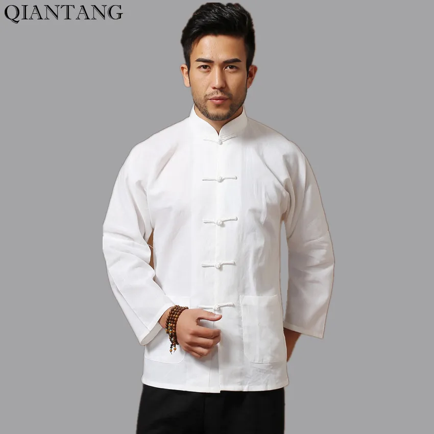 Wit Mannen Katoen Linnen Lange mouw Kung Fu Shirt Klassieke Chinese Stijl Tang Kleding Maat SML XL XXL XXXL hombre Camisa Mim902