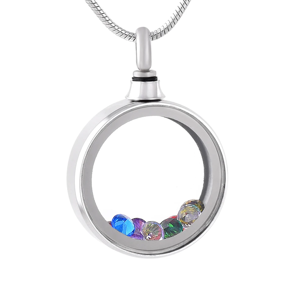 IJD9821  Glass Cremation Jewelry Hold Ashes Round Shape Stainless Steel Memorial Locket Necklace With Birthstone