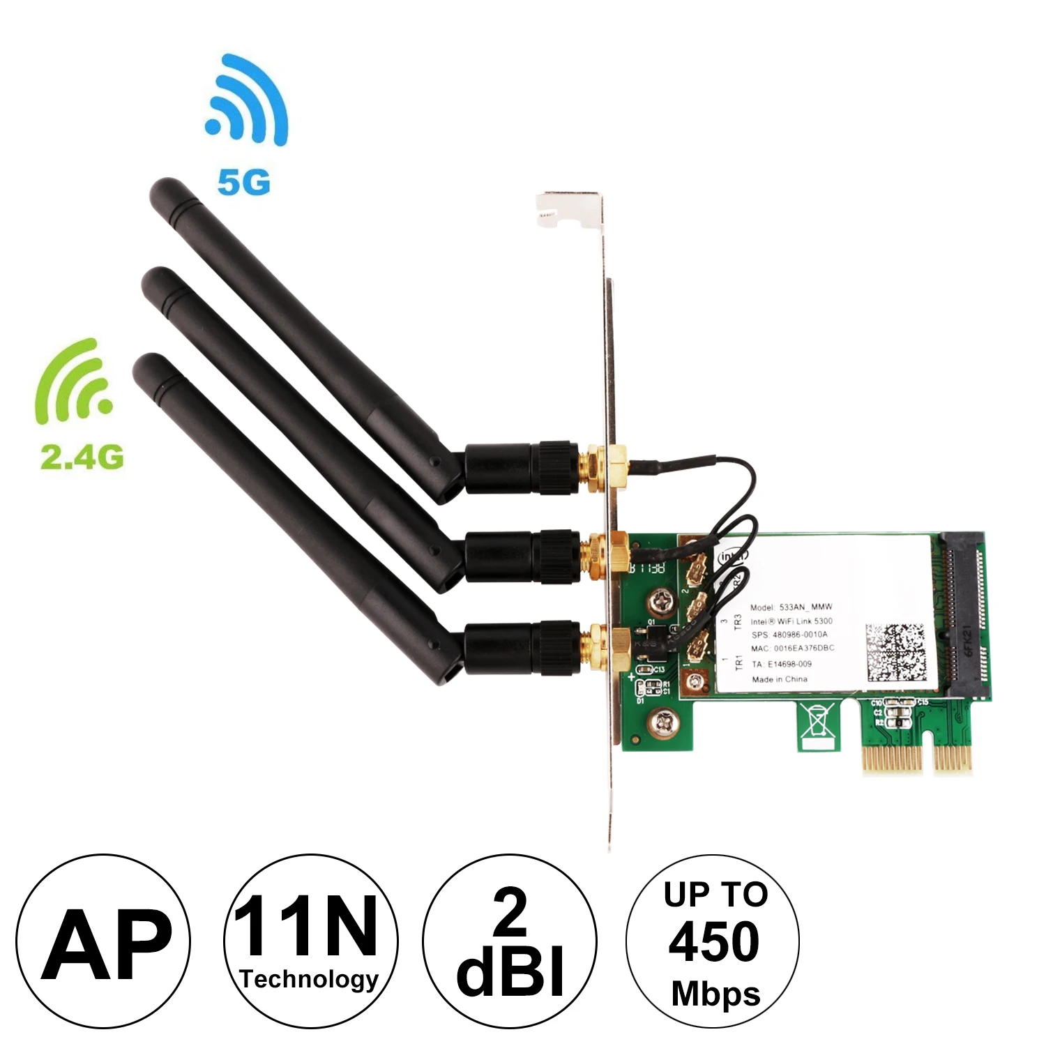 

Двухдиапазонная сетевая карта Wi-Fi Ubit PCI-E, 450 м, 5 ГГц/2,4 ГГц, для ПК