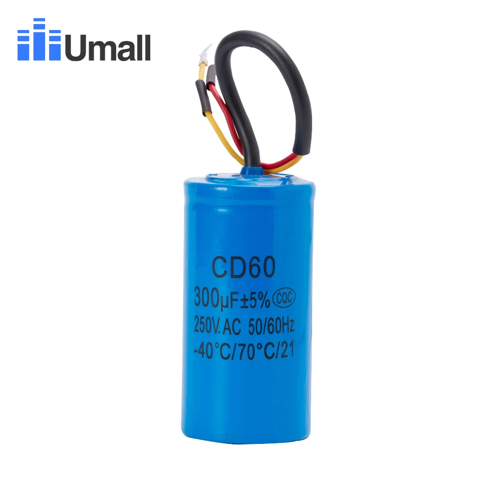 CD60 300UF 250V AC Starting Capacitor For Heavy Duty Electric Motor Air Compressor Red Yellow Two Wires