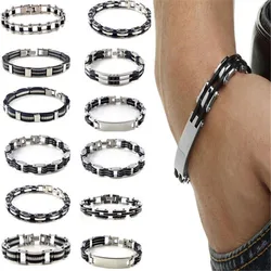 PINKSEE Men Stainless Steel Black Rubber Cuff Bangle Hand Chain Cross Motorcycle Biker Male Personality Jewelry Accessories