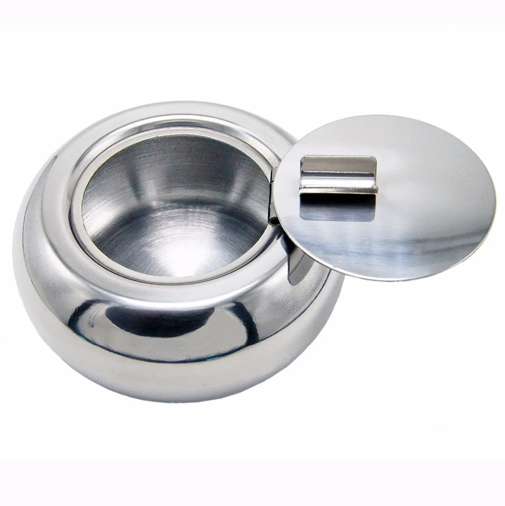 Ashtray, Stainless Steel Ashtray with Lid and Cigarette Holder, Silver