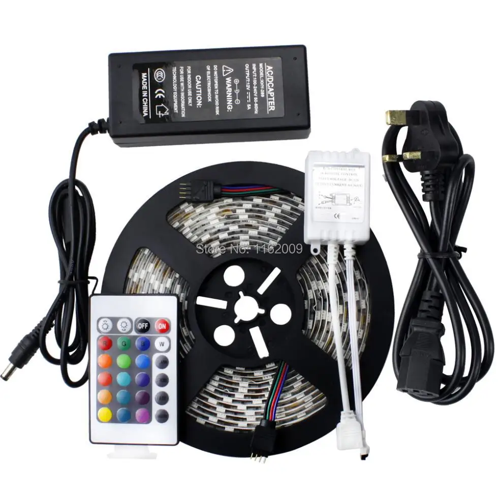 

5M/roll 300 LED RGB SMD 5050 Flexible Waterproof led Strip light with24key IR Remote 12V 5A adapter LED Kit