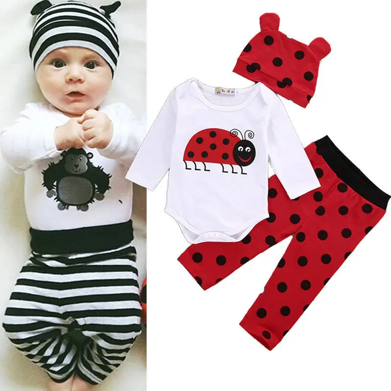 Latest 3Pcs Newborn Baby Boys Girls Clothes Romper Pullover Tops Long Pants Hat Outfits Clothing Set Cute Animals Costumes