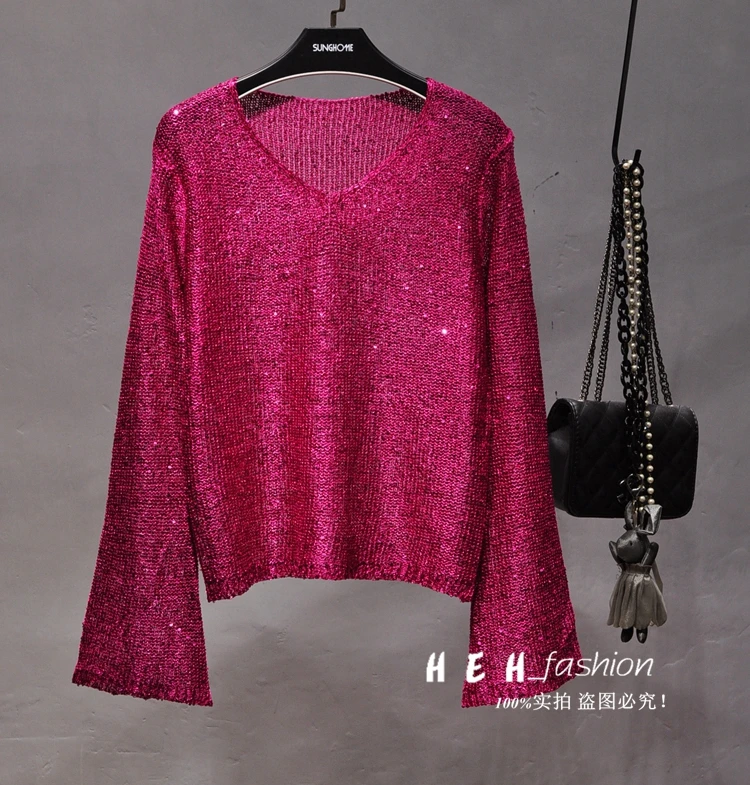 Cakucool Hot Women Gold Lurex Knit Top Pullover Sequined V-neck Long Flare Sleeve Jumpers Beading Knit Thin Sweater Shirt Female