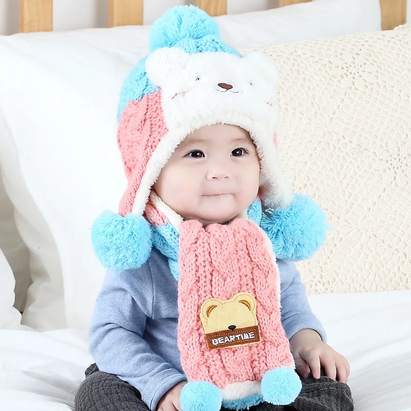 2pcs Winter Warm Baby Hat Scarf Set Fashion Kids Lamb Bear Ball Hat with Scarf Toddler Kids Thick Christmas Skullies Beanies Cap