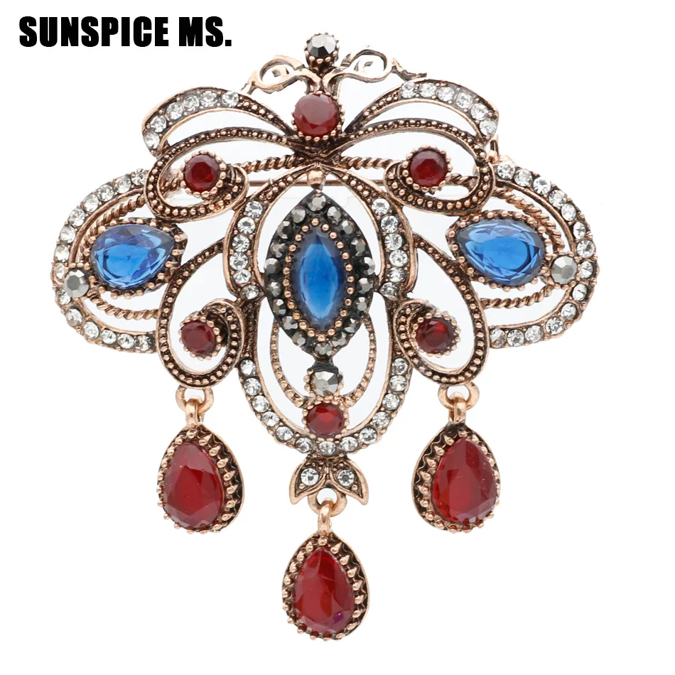 Vintage Turkish Women Hollow Flower Resin Brooch Pins Antique Gold Color Water Drop Pendant Brooches Indian Ethnic Party Jewelry