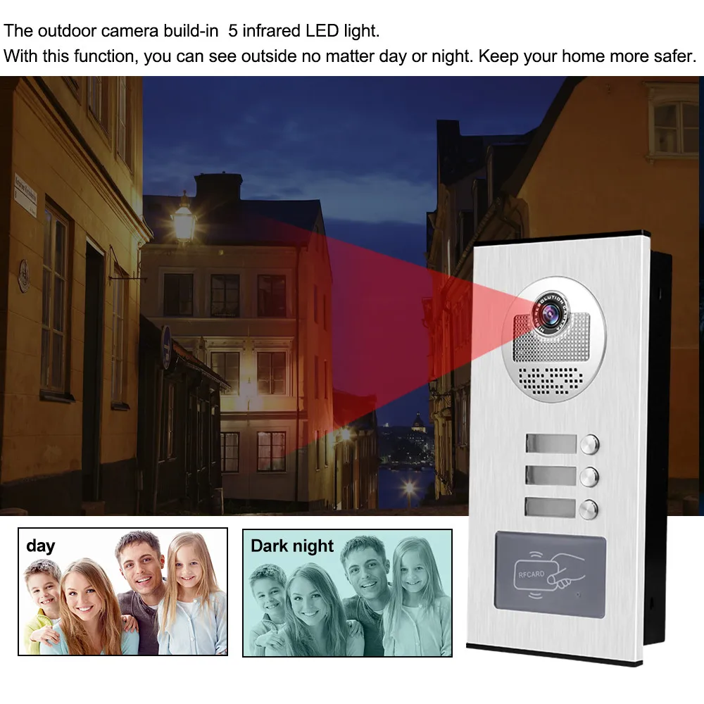 Sistema de intercomunicación de vídeo a Color, máquina de entrada RFID, cámara exterior IR, visión nocturna, portero para apartamentos, 700TVL