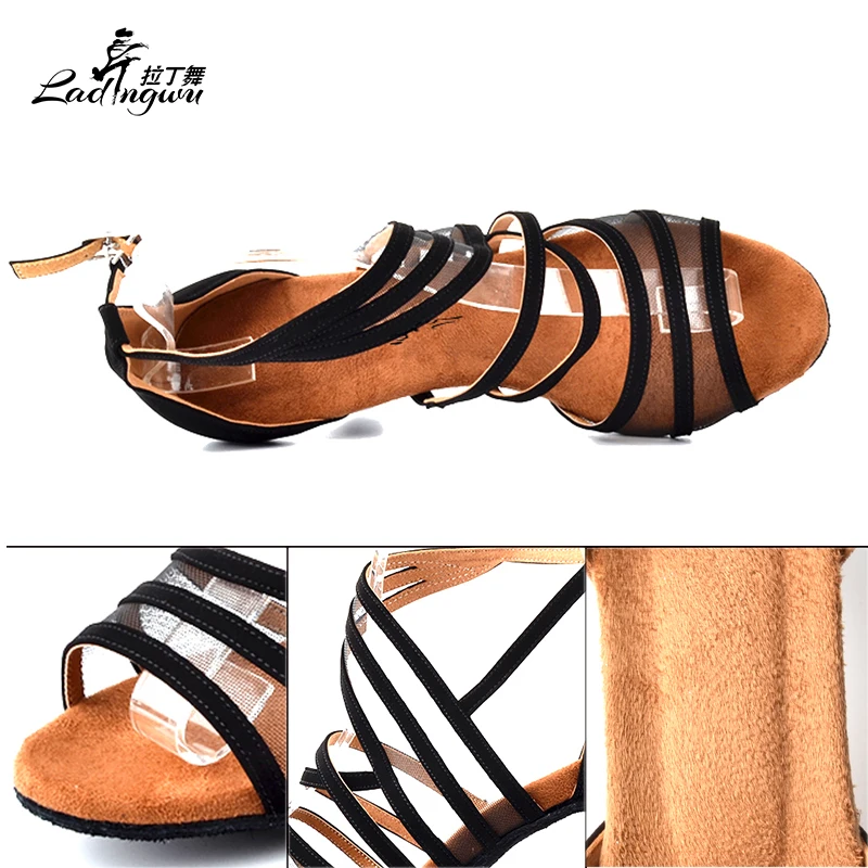 Ladingwu-zapatos negros de franela para mujer, calzado con almohadilla de felpa de fondo suave, zapatos de baile latino, zapatos de baile de salón