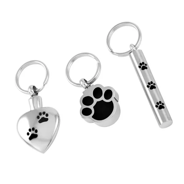 

IJD8309 Hot 3pcs/set Pet Memorial Urn Jewelry Paw Print Heart /Cylinder Stainless Steel Keepsake Cremation Keychains For Ashes