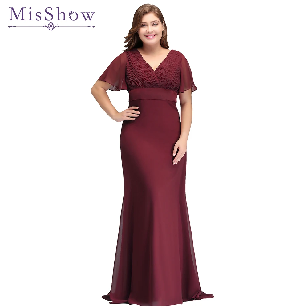 

In Stock Fast ! Sexy Long Plus size evening dress Special Occasion Bat Sleeve Formal Gown Elegant Burgundy Chiffon Dresses