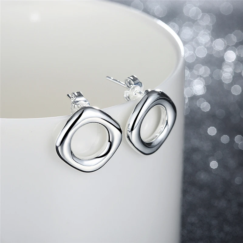 DOTEFFIL 925 Sterling Silver Square Round Stud Earrings For Woman Wedding Engagement Fashion Party Charm Jewelry