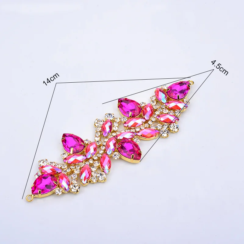 JUNAO 45*140mm 1pcs Sew On Rose AB Flower Glass Rhinestones Chain Bikini Strass Connector Flatback Gold Claw Crystal Applique